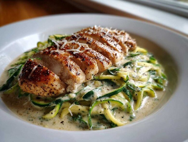 A sliced, seasoned chicken breast served over zucchini noodles tossed in creamy sauce for Keto Chicken Alfredo.