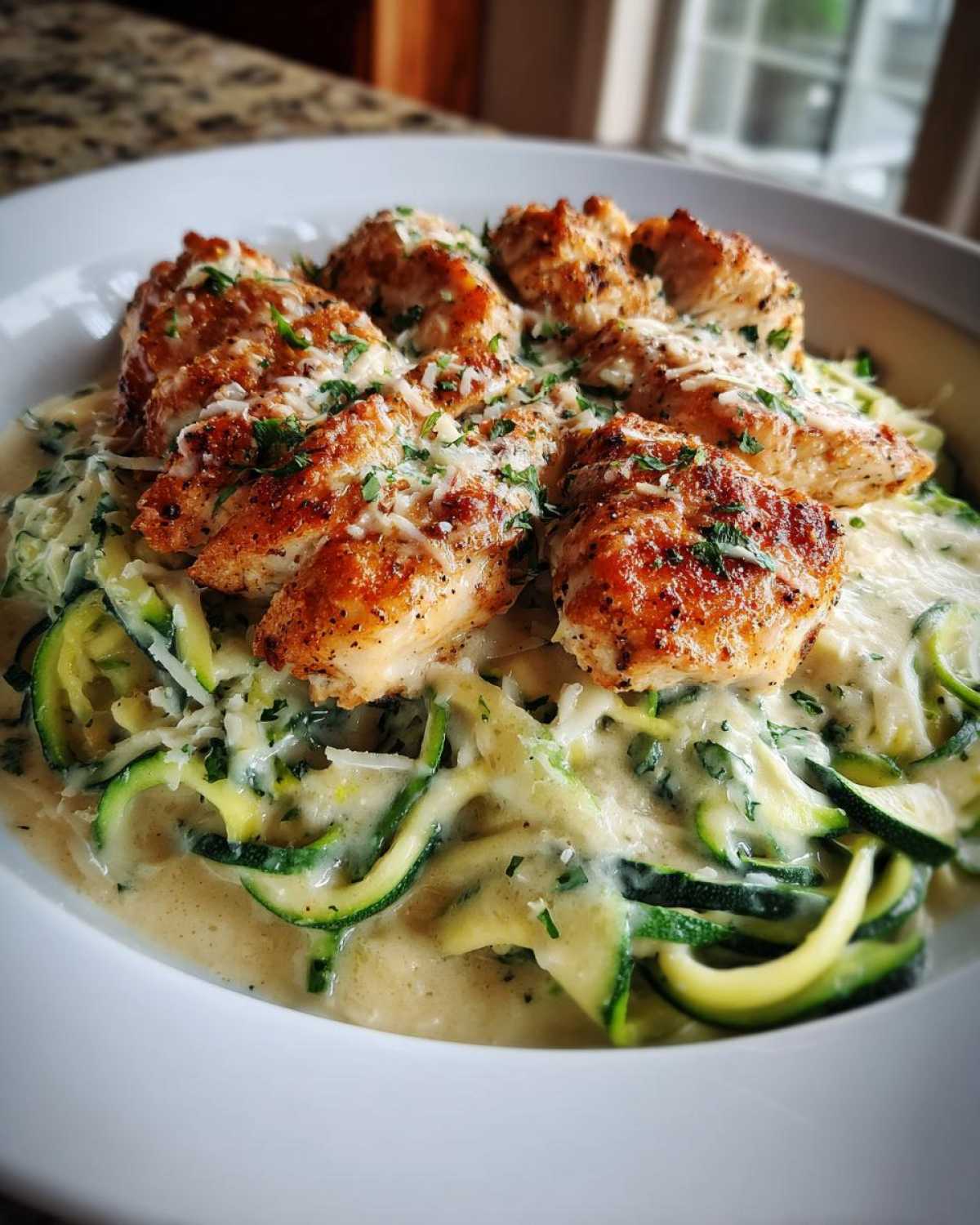 A close-up of Keto Chicken Alfredo featuring pan-seared chicken pieces over zucchini noodles coated in creamy Alfredo sauce.