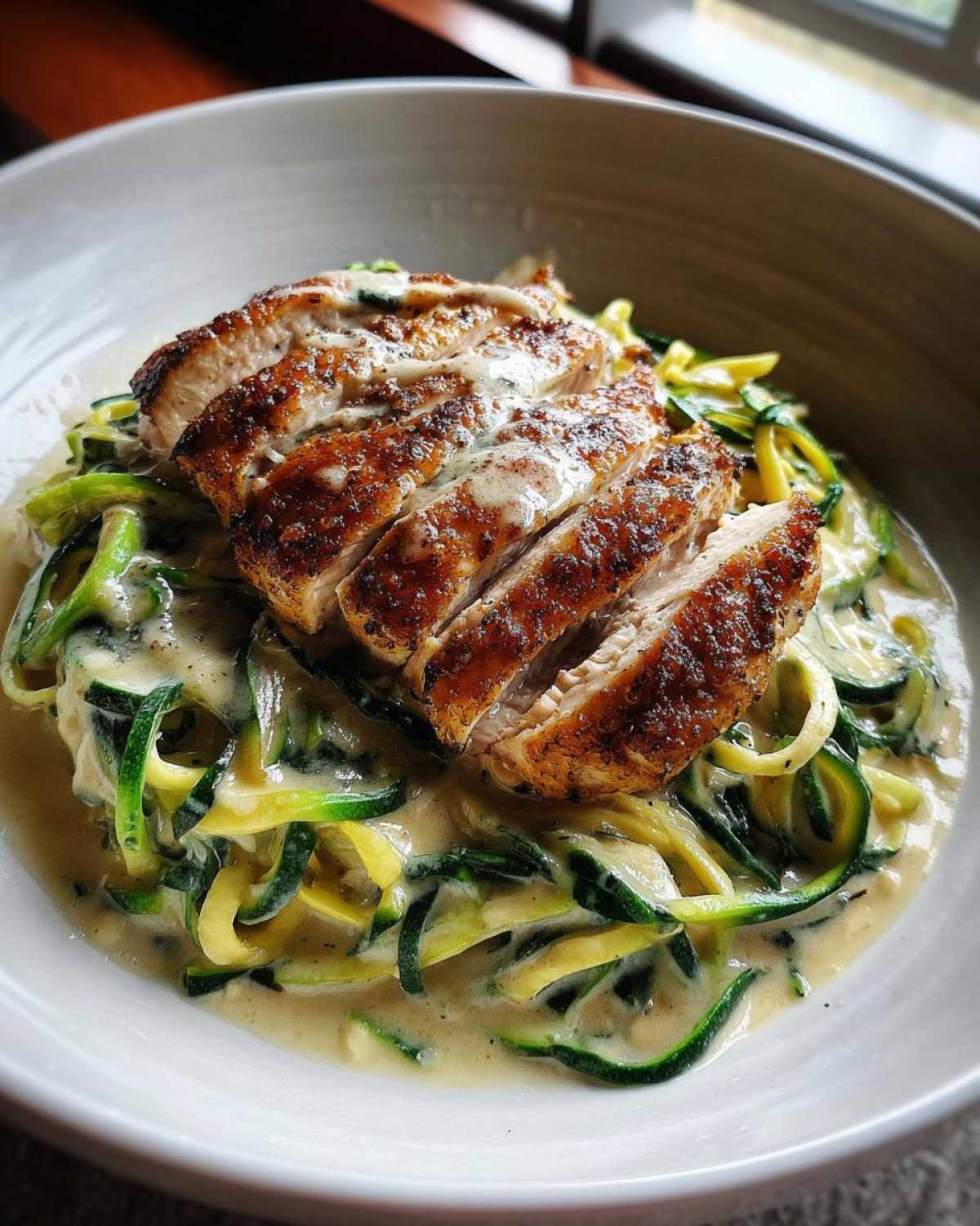 Close-up of sliced, seasoned chicken breast served over zucchini noodles tossed in creamy sauce for Keto Chicken Alfredo.