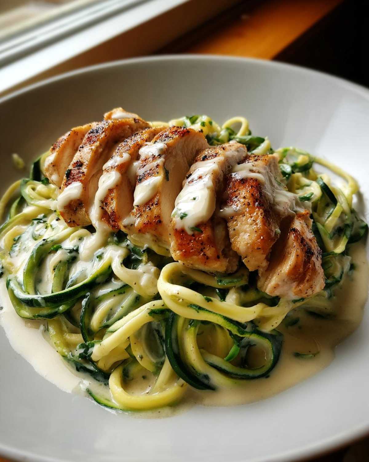 Grilled, sliced chicken breast served over zucchini noodles tossed in creamy sauce for Keto Chicken Alfredo.