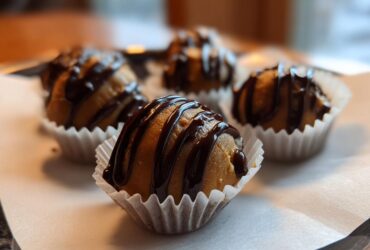 A close-up of several Keto Chocolate Peanut Butter Fat Bombs drizzled with dark chocolate.