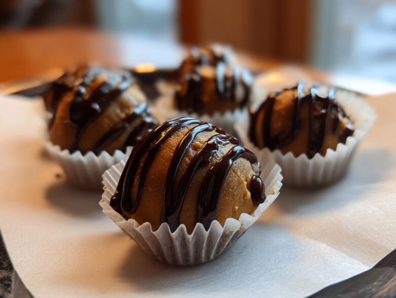 A close-up of several Keto Chocolate Peanut Butter Fat Bombs drizzled with dark chocolate.