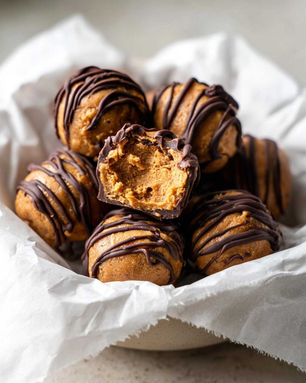 A close-up of several Keto Chocolate Peanut Butter Fat Bombs drizzled with chocolate, one is bitten open.