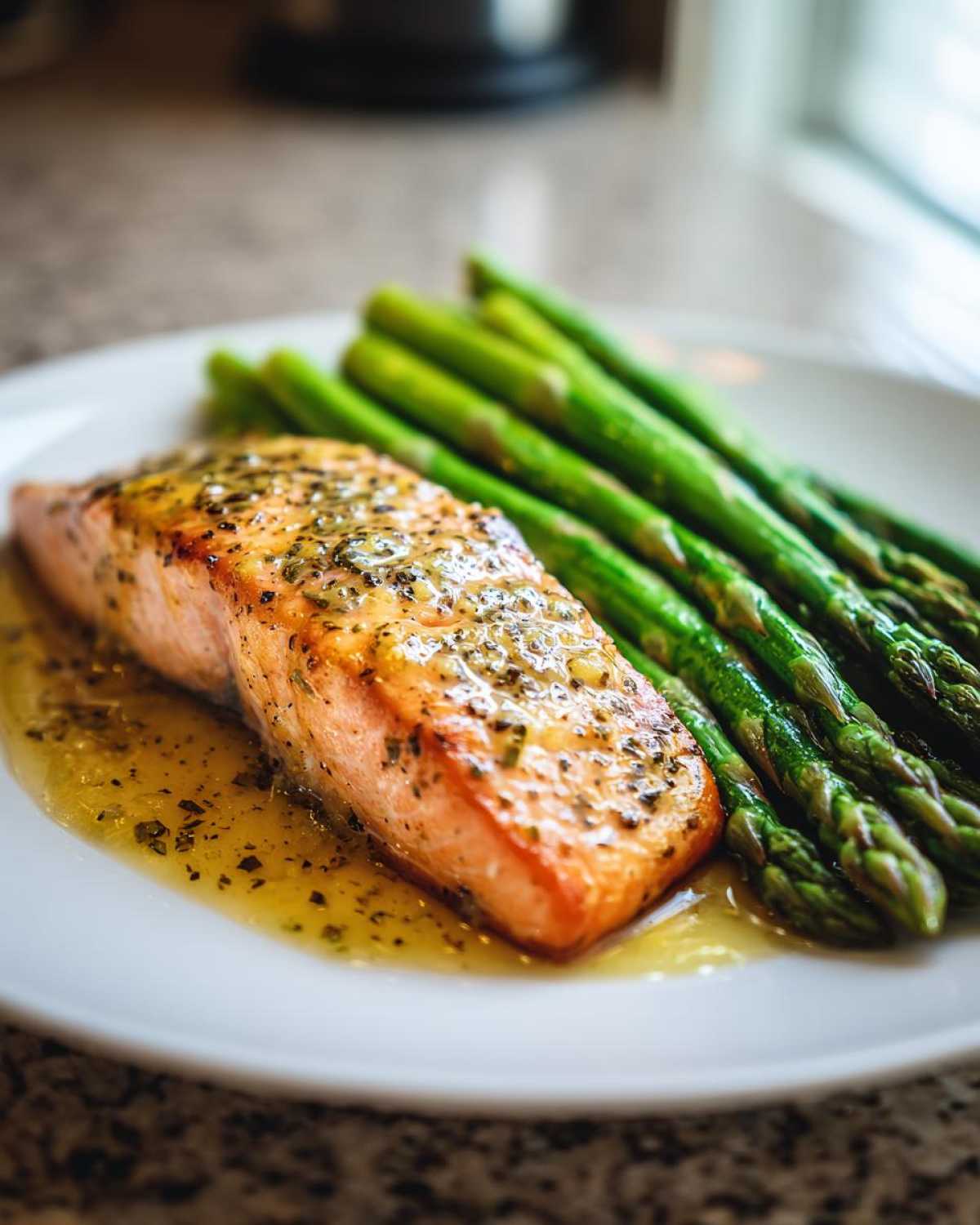 Close-up of a perfectly cooked Keto Garlic Butter Salmon fillet drizzled with sauce, served alongside bright green asparagus.