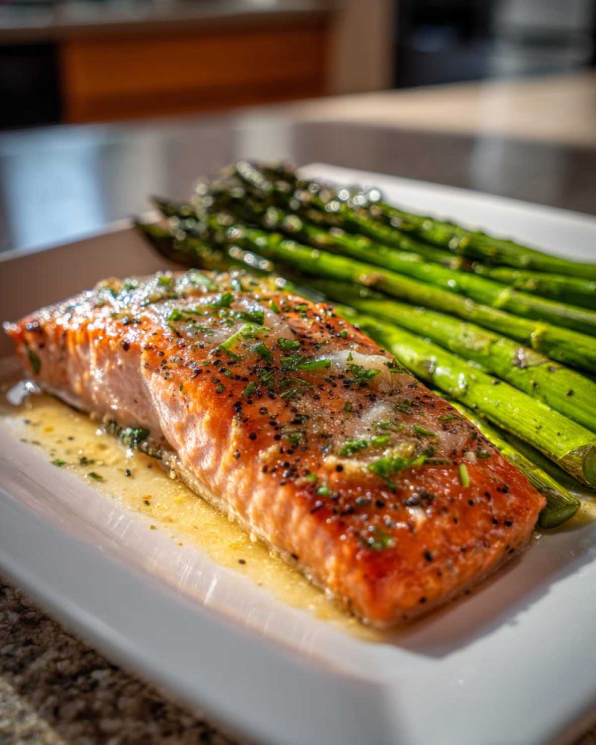 A perfectly cooked fillet of Keto Garlic Butter Salmon resting in butter sauce next to bright green asparagus.
