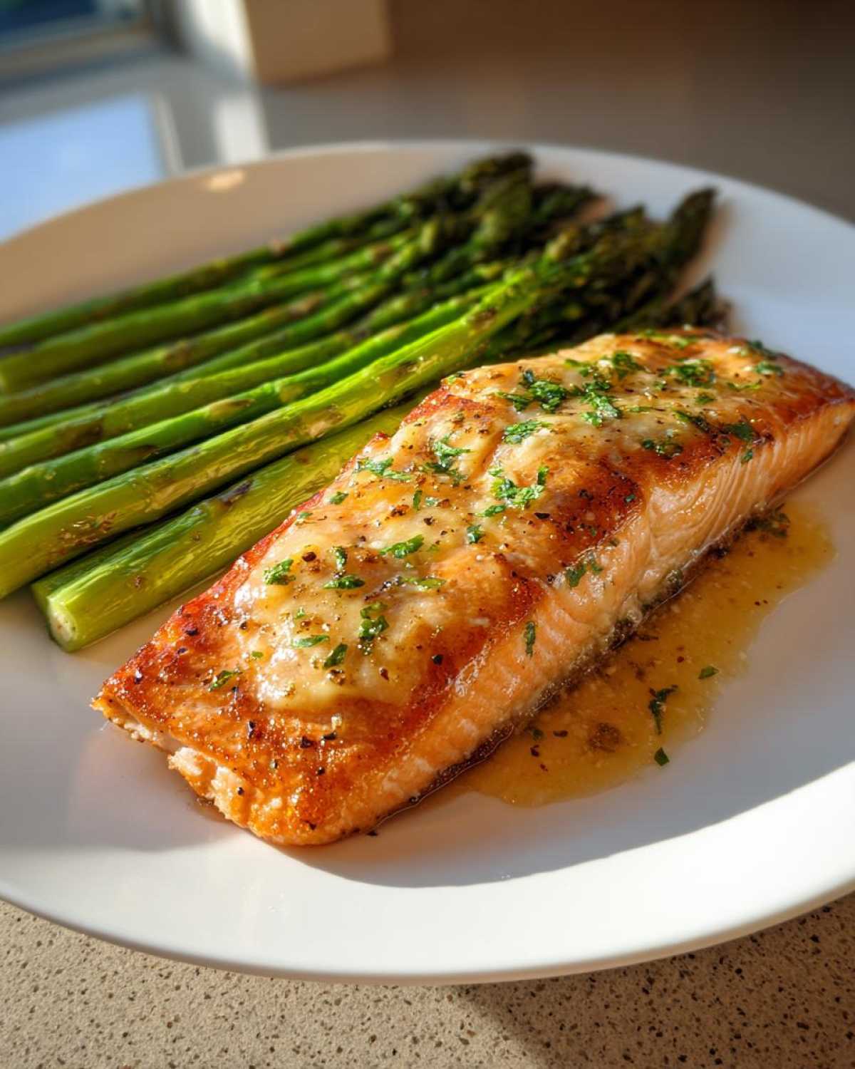 Perfectly cooked Keto Garlic Butter Salmon fillet served alongside roasted asparagus spears on a white plate.