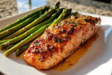 A perfectly cooked fillet of Keto Garlic Butter Salmon glazed with herbs, served alongside bright green asparagus on a white plate.