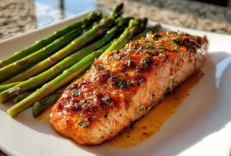 A perfectly cooked fillet of Keto Garlic Butter Salmon glazed with herbs, served alongside bright green asparagus on a white plate.