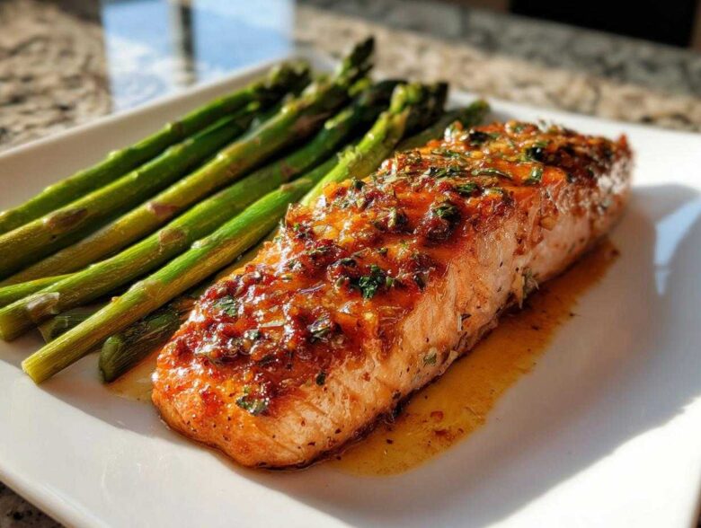 A perfectly cooked fillet of Keto Garlic Butter Salmon glazed with herbs, served alongside bright green asparagus on a white plate.