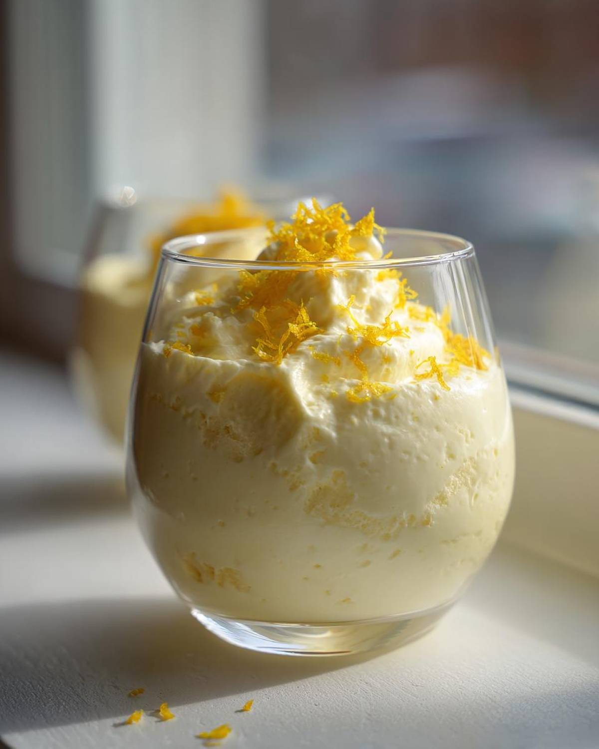 Close-up of Keto Lemon Cheesecake Mousse topped with bright yellow lemon zest in a clear glass.
