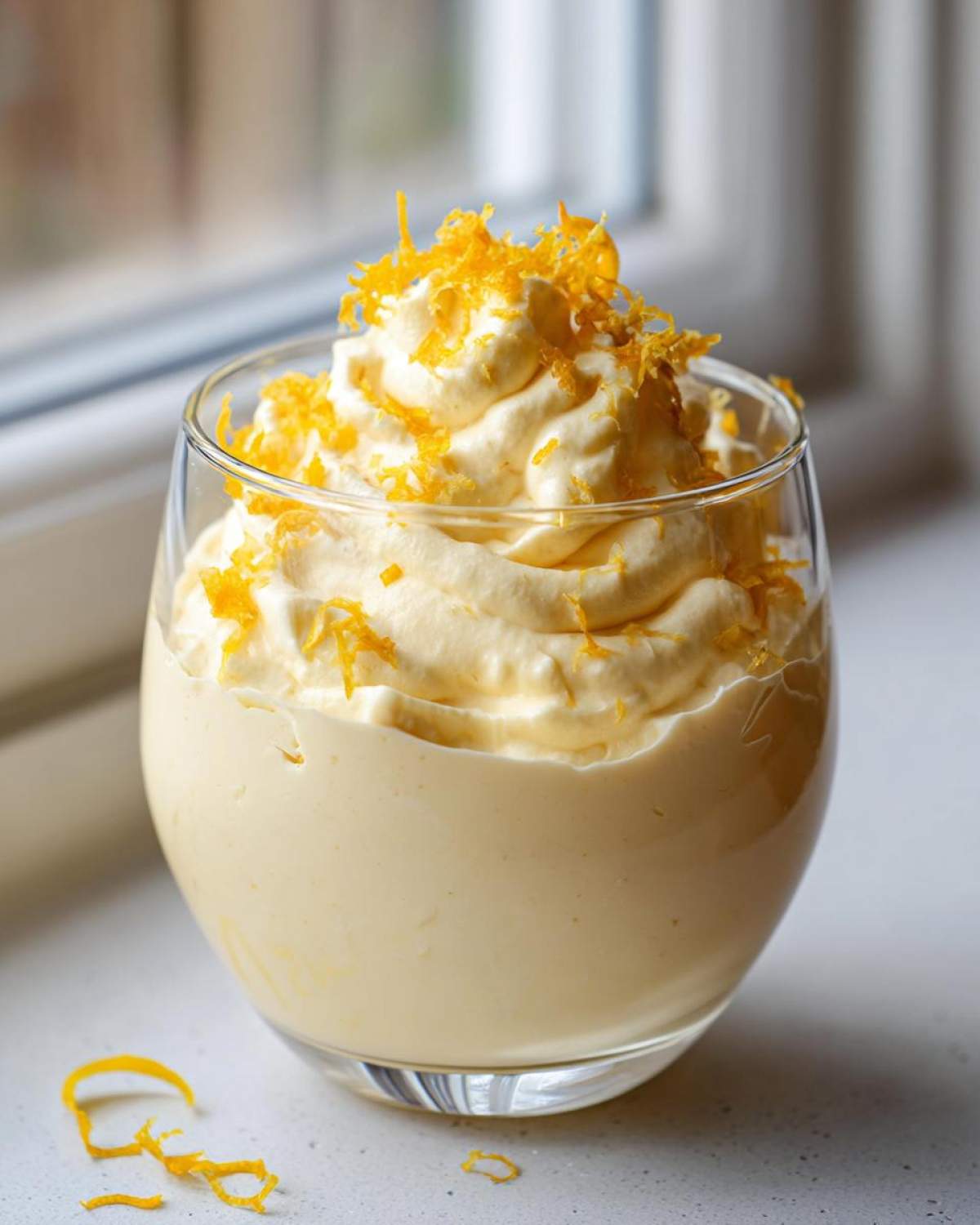 A glass filled with light yellow Keto Lemon Cheesecake Mousse, topped with whipped cream and bright orange lemon zest.