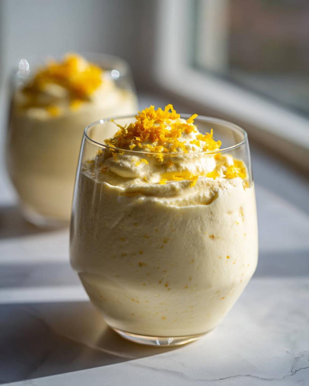 Close-up of a glass filled with light yellow Keto Lemon Cheesecake Mousse, topped with bright orange lemon zest.