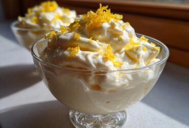 Close-up of a glass dish filled with fluffy Keto Lemon Cheesecake Mousse topped with bright yellow lemon zest.