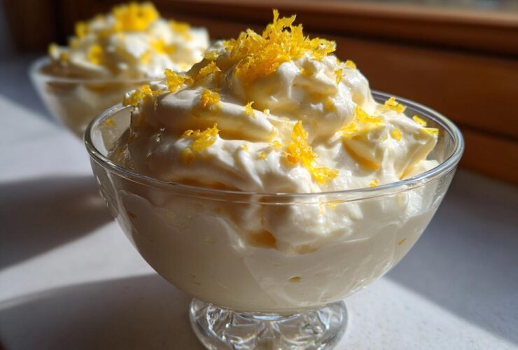 Close-up of a glass dish filled with fluffy Keto Lemon Cheesecake Mousse topped with bright yellow lemon zest.