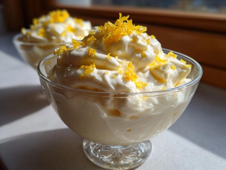 Close-up of a glass dish filled with fluffy Keto Lemon Cheesecake Mousse topped with bright yellow lemon zest.