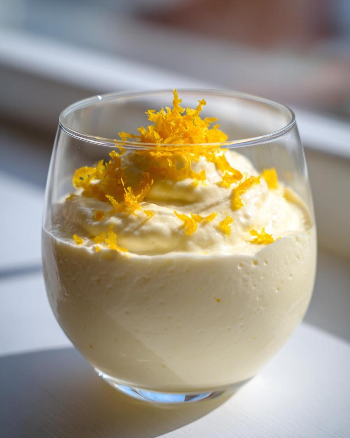 Creamy Keto Lemon Cheesecake Mousse topped with bright yellow lemon zest in a clear glass.