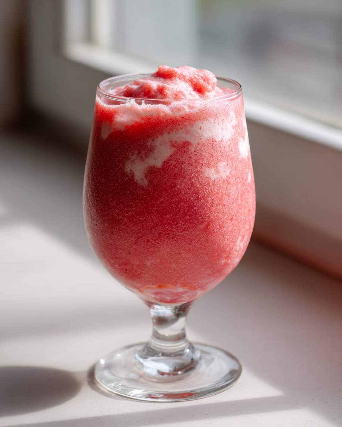 A vibrant pink, frozen Keto Strawberry Cheesecake Smoothie served in a stemmed glass near a window.