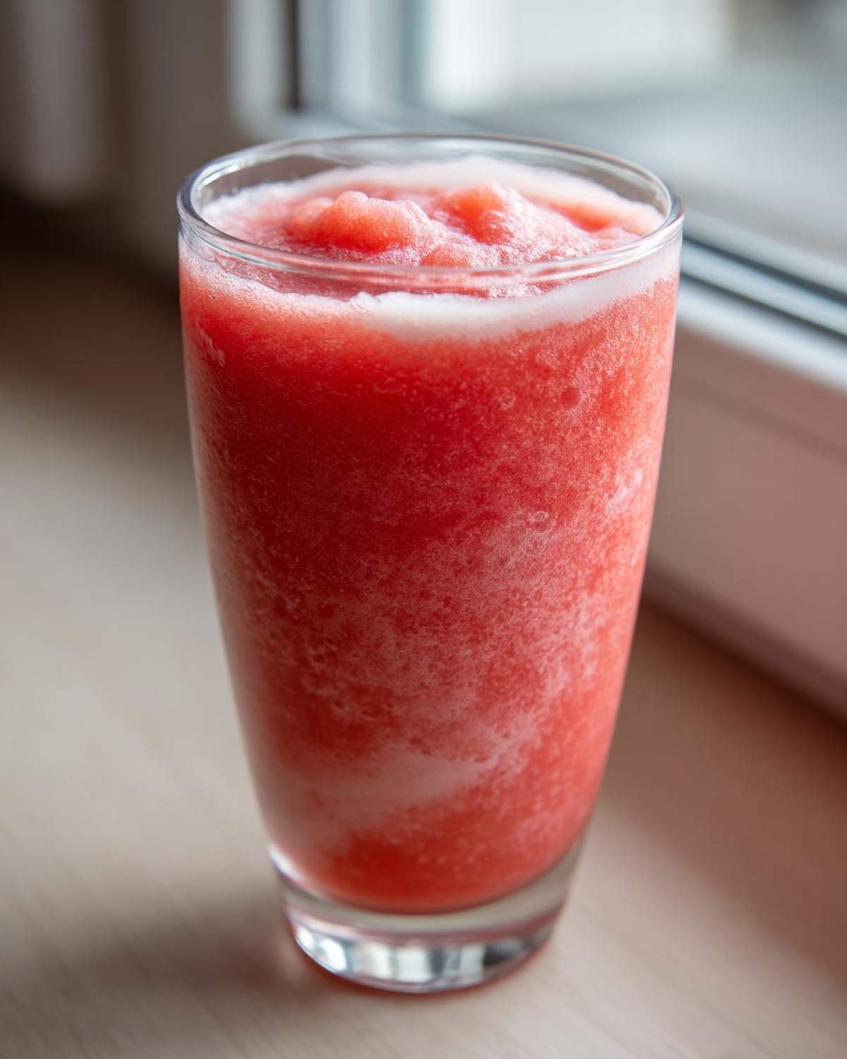 Close-up of a vibrant, icy Keto Strawberry Cheesecake Smoothie served in a tall glass.