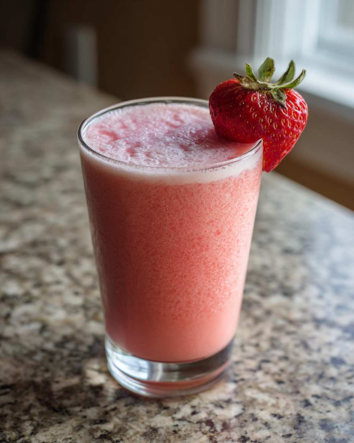 A tall glass filled with a pink, frothy Keto Strawberry Cheesecake Smoothie, garnished with a fresh strawberry.