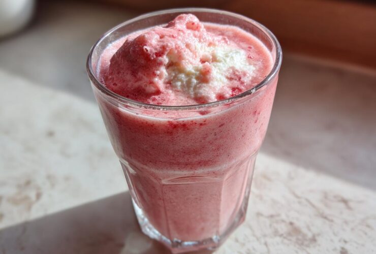 Close-up of a vibrant pink Keto Strawberry Cheesecake Smoothie topped with a dollop of white cream.