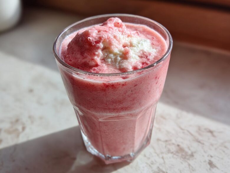 Close-up of a vibrant pink Keto Strawberry Cheesecake Smoothie topped with a dollop of white cream.