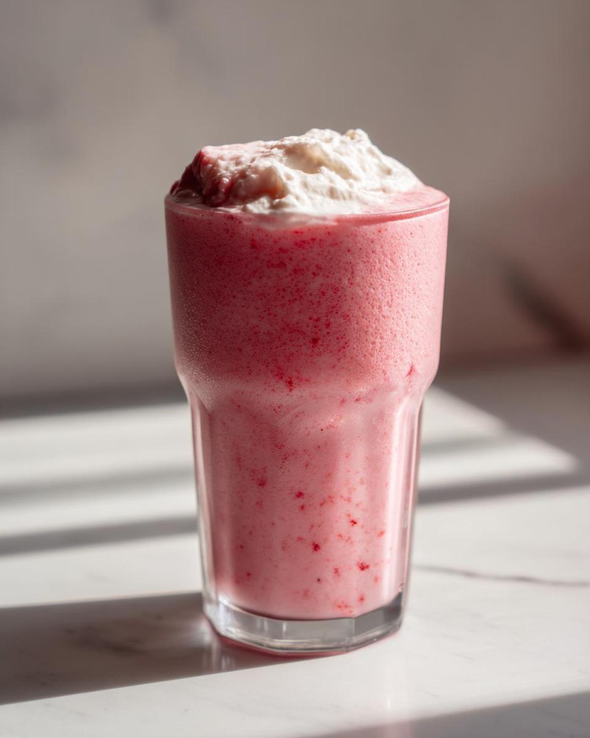 A tall glass filled with a pink, frothy Keto Strawberry Cheesecake Smoothie, topped with whipped cream.