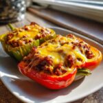 Two halves of Keto Taco Stuffed Peppers, one red and one green, topped with melted cheese.