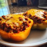Two halves of yellow bell peppers filled with seasoned ground meat and topped with melted cheddar cheese, ready to eat Keto Taco Stuffed Peppers.