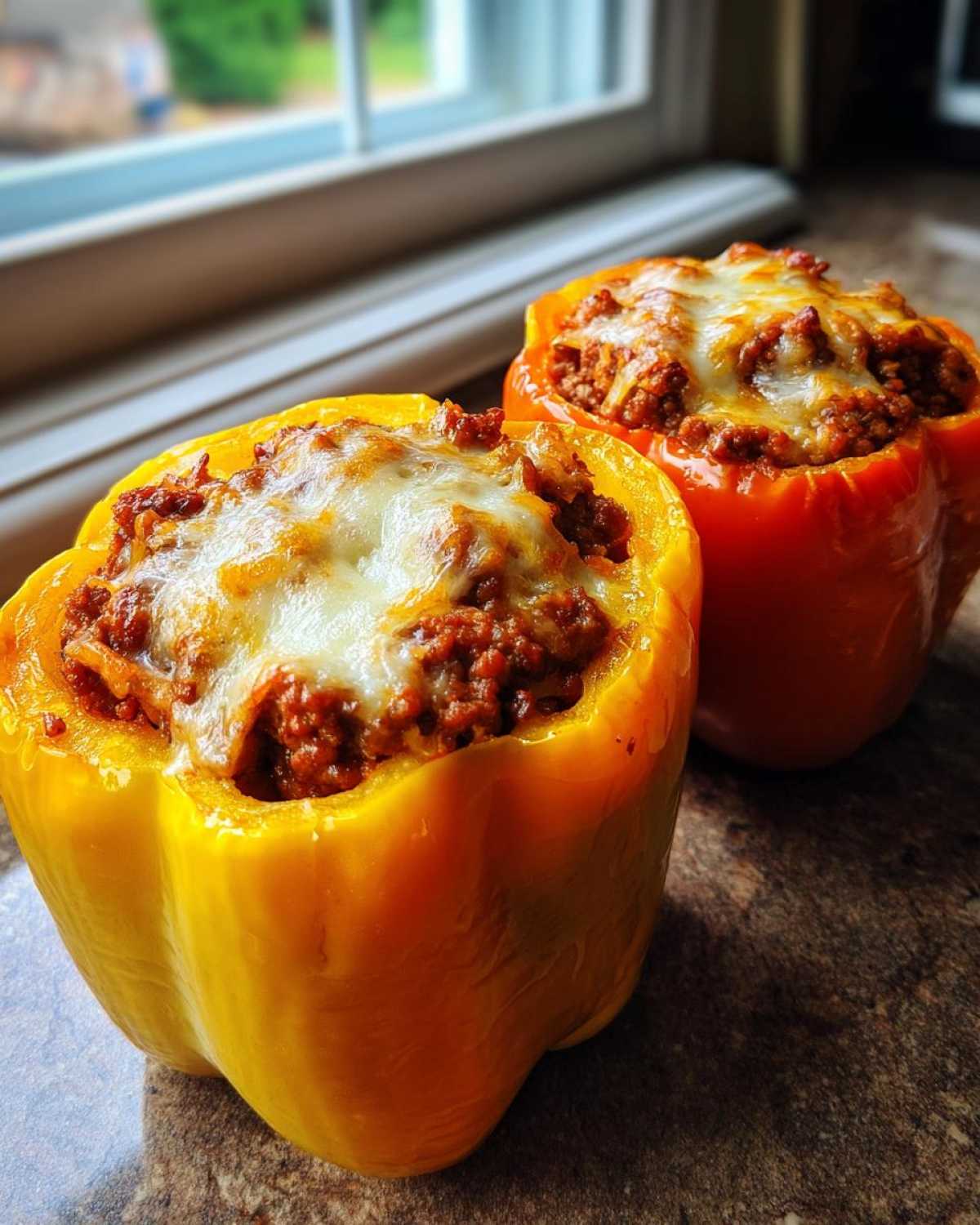 Two Keto Taco Stuffed Peppers, one yellow and one orange, topped with melted cheese.