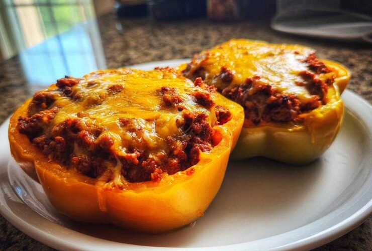 Two halves of yellow bell peppers filled with seasoned ground meat and topped with melted cheddar cheese, ready to eat Keto Taco Stuffed Peppers.