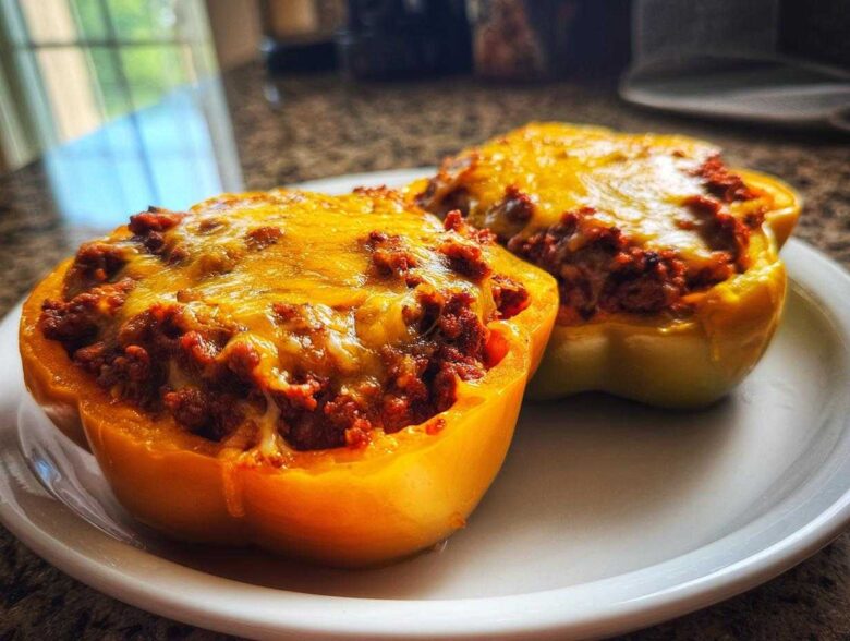 Two halves of yellow bell peppers filled with seasoned ground meat and topped with melted cheddar cheese, ready to eat Keto Taco Stuffed Peppers.