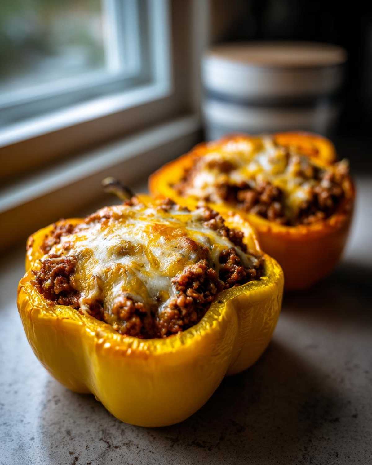 Close-up of a bright yellow bell pepper half filled with seasoned ground meat and topped with melted cheese, ready for Keto Taco Stuffed Peppers.