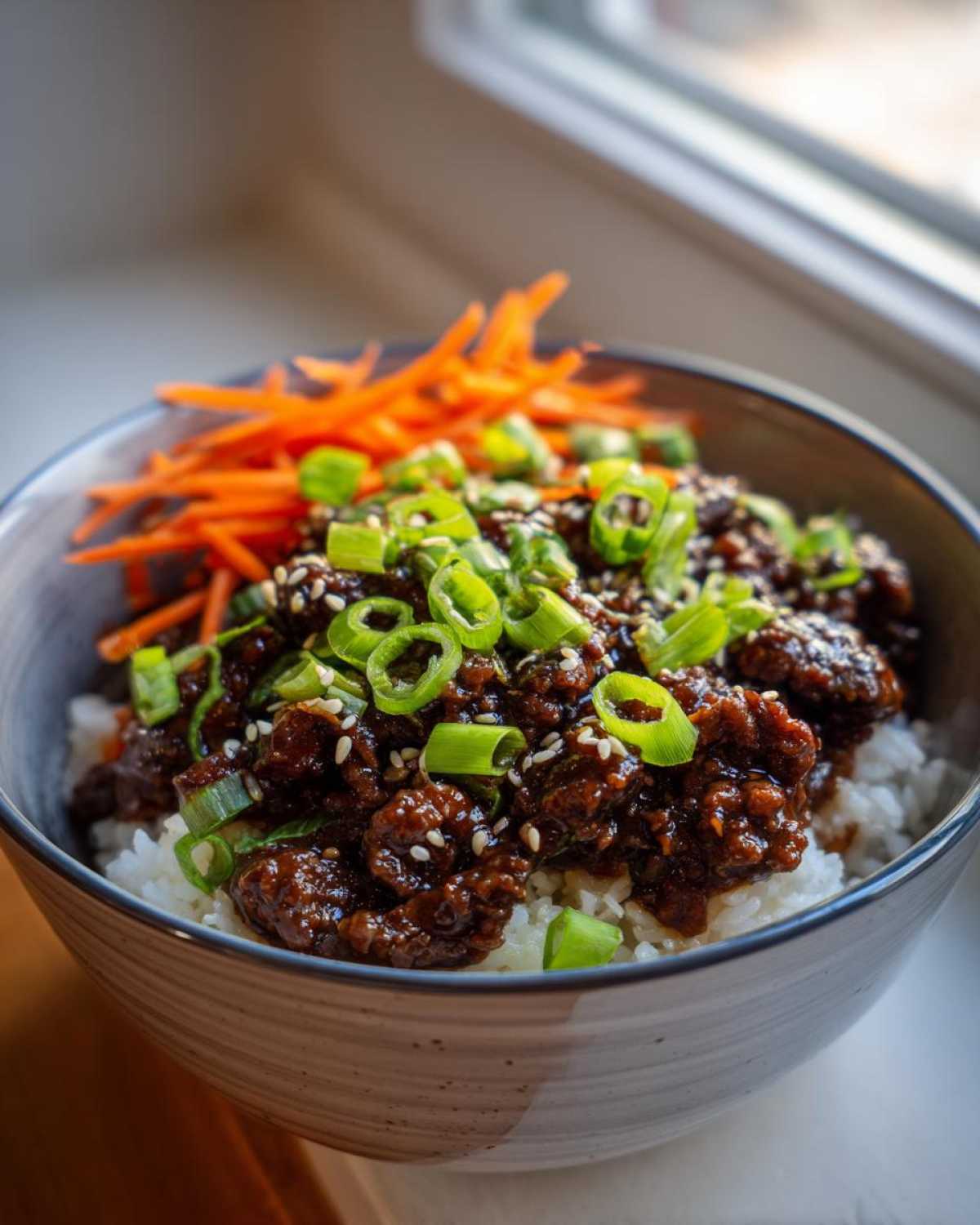 Close-up of Korean Ground Beef Bulgogi Bowls served over white rice, topped with scallions and sesame seeds.