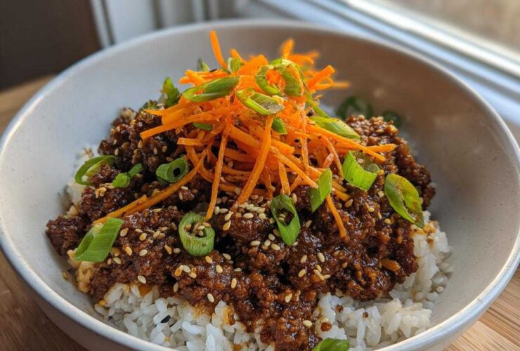 A close-up of Korean Ground Beef Bulgogi Bowls featuring savory ground beef over white rice, topped with shredded carrots and green onions.