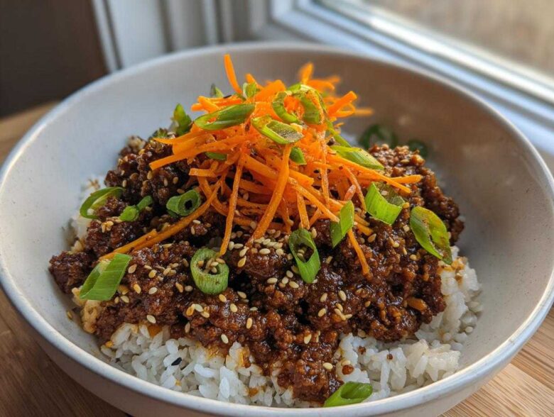 A close-up of Korean Ground Beef Bulgogi Bowls featuring savory ground beef over white rice, topped with shredded carrots and green onions.
