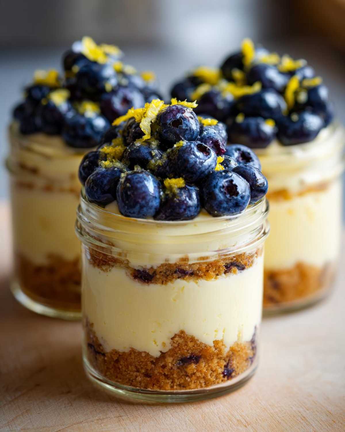 Three individual Lemon Blueberry Cheesecake Jars layered with graham cracker crust, creamy filling, and topped with fresh blueberries and lemon zest.