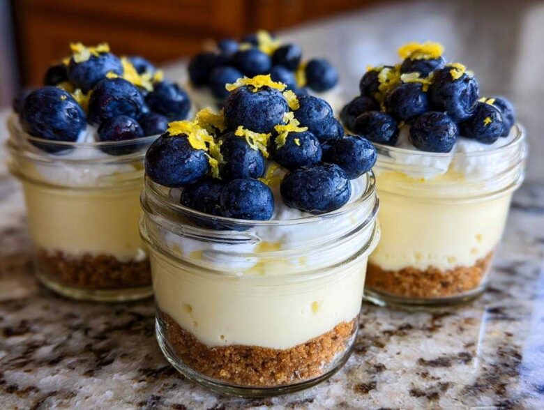 Three individual Lemon Blueberry Cheesecake Jars layered with graham cracker crust, creamy filling, whipped topping, blueberries, and lemon zest.
