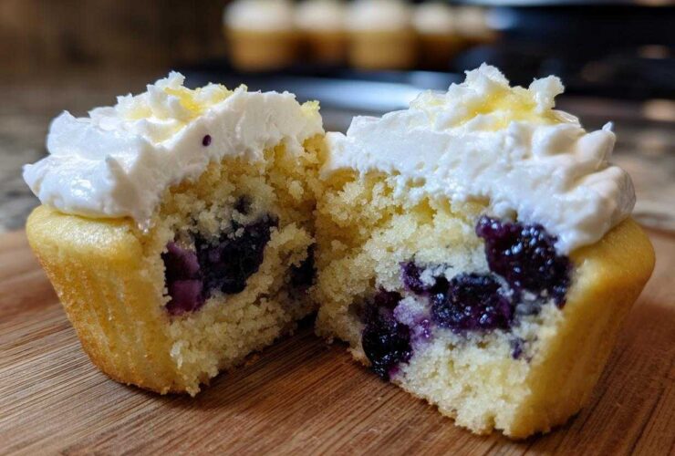 A Lemon Blueberry Cupcake cut in half showing moist cake, blueberries, and cream cheese frosting.
