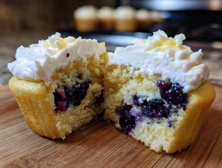 A Lemon Blueberry Cupcake cut in half showing moist cake, blueberries, and cream cheese frosting.