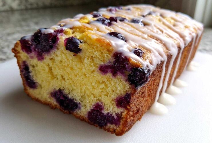 A close-up of a freshly baked Lemon Blueberry Yogurt Loaf showing the moist yellow crumb studded with blueberries and topped with a white lemon glaze.