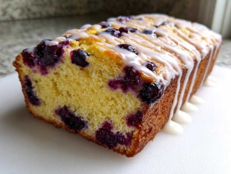 A close-up of a freshly baked Lemon Blueberry Yogurt Loaf showing the moist yellow crumb studded with blueberries and topped with a white lemon glaze.