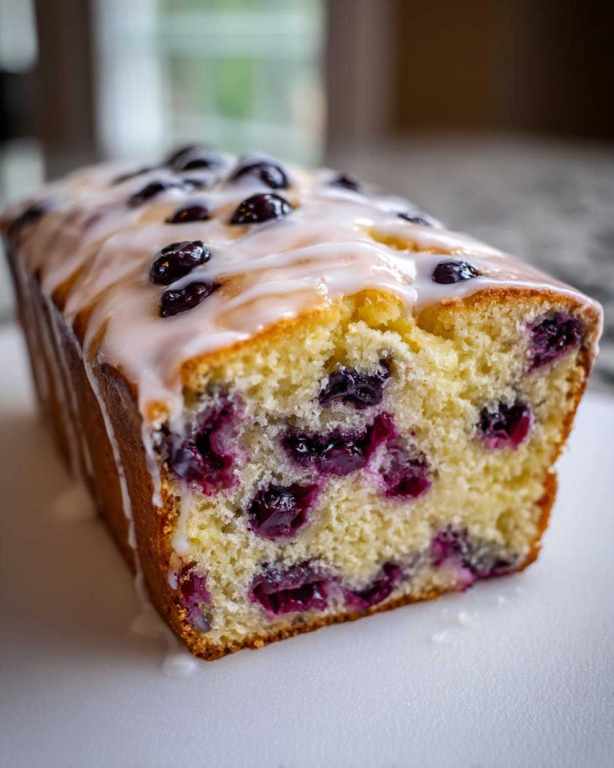 Close-up of a moist Lemon Blueberry Yogurt Loaf topped with a white glaze and fresh blueberries.