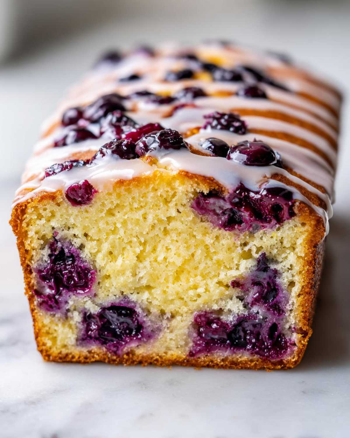 Close-up view of a sliced Lemon Blueberry Yogurt Loaf showing moist crumb and burst blueberries, topped with a white glaze.