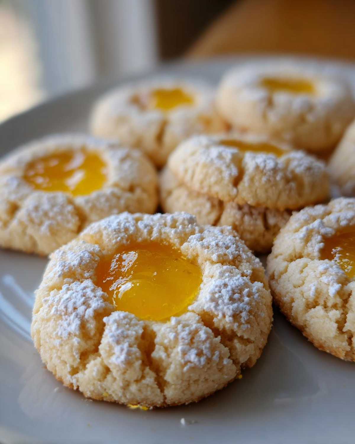 A close-up of freshly baked Lemon Curd Thumbprint Cookies dusted with powdered sugar on a white plate.