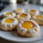 Close-up of several delicious Lemon Curd Thumbprint Cookies dusted with powdered sugar on a white plate.