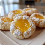 Close-up of several Lemon Curd Thumbprint Cookies dusted with powdered sugar on a white plate.
