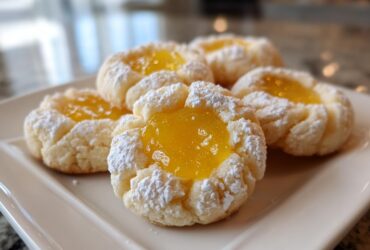 Close-up of several Lemon Curd Thumbprint Cookies dusted with powdered sugar on a white plate.