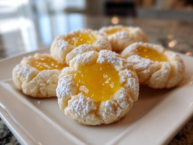 Close-up of several Lemon Curd Thumbprint Cookies dusted with powdered sugar on a white plate.