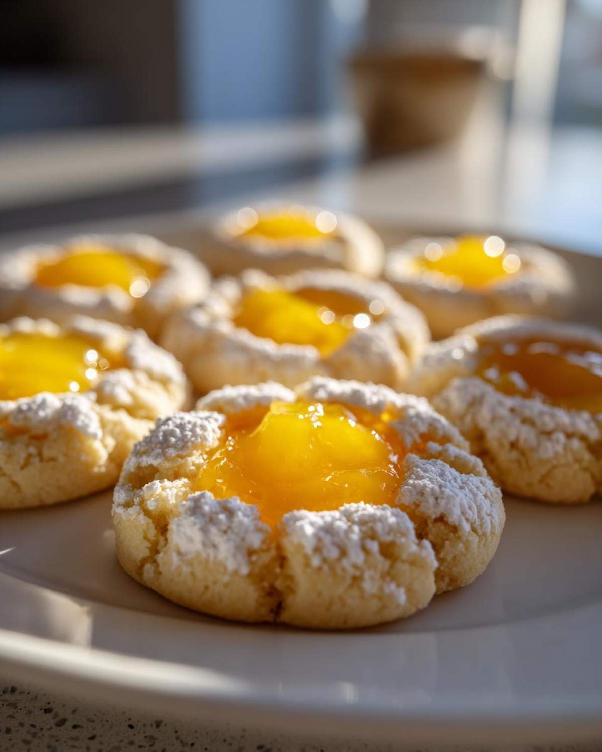 Several delicious Lemon Curd Thumbprint Cookies dusted with powdered sugar on a white plate.