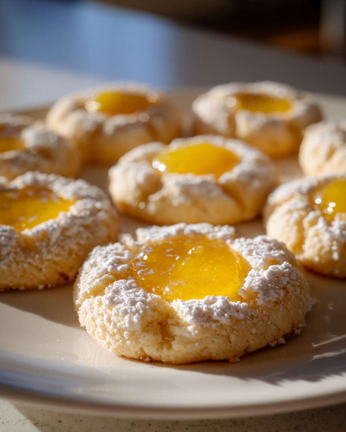 A close-up of several bright Lemon Curd Thumbprint Cookies dusted with powdered sugar on a white plate.